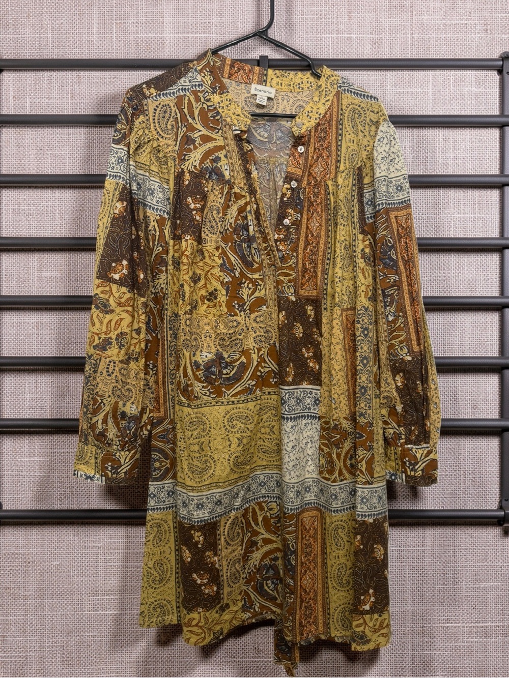 NWT- Boho Paisley Patchwork Long-Sleeve Tunic Dress in Mustard Brown